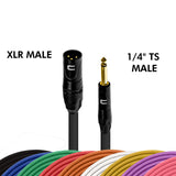 3 Pin XLR Male to 1/4" TS Unbalanced Mono Cable - Custom Length Color Connector