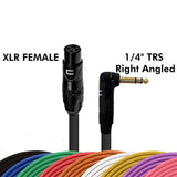 3-Pin XLR Female to Right Angle 1/4 TRS Male Balanced Interconnect Stereo Cable - Blue